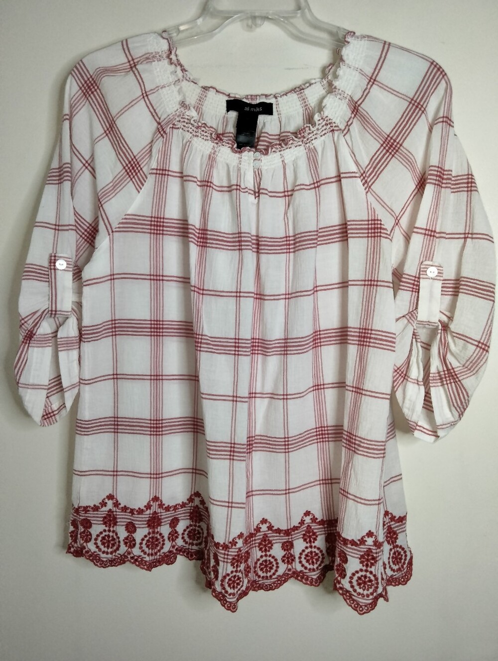 Ali Miles (Sz XL) Red & White Plaid Roll Tab Sleeve Embroidered Hem Peasant Top